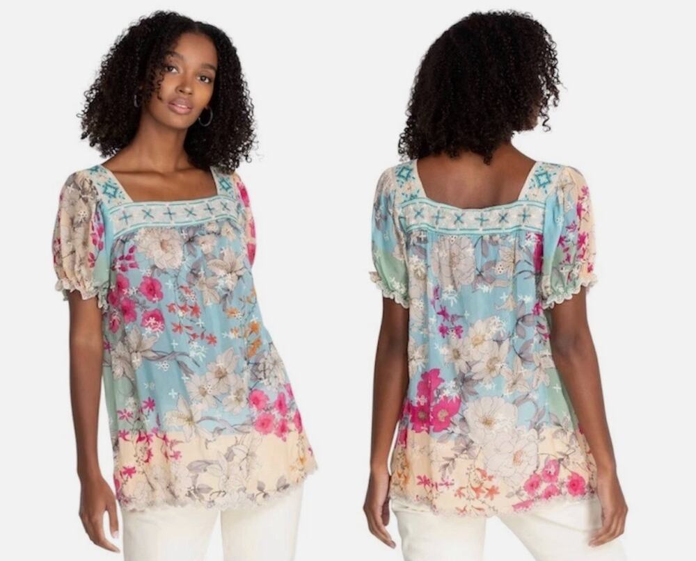 Johnny Was Permint Padme Blouse Blue Floral Eyelet Boho Top Size L NWOT